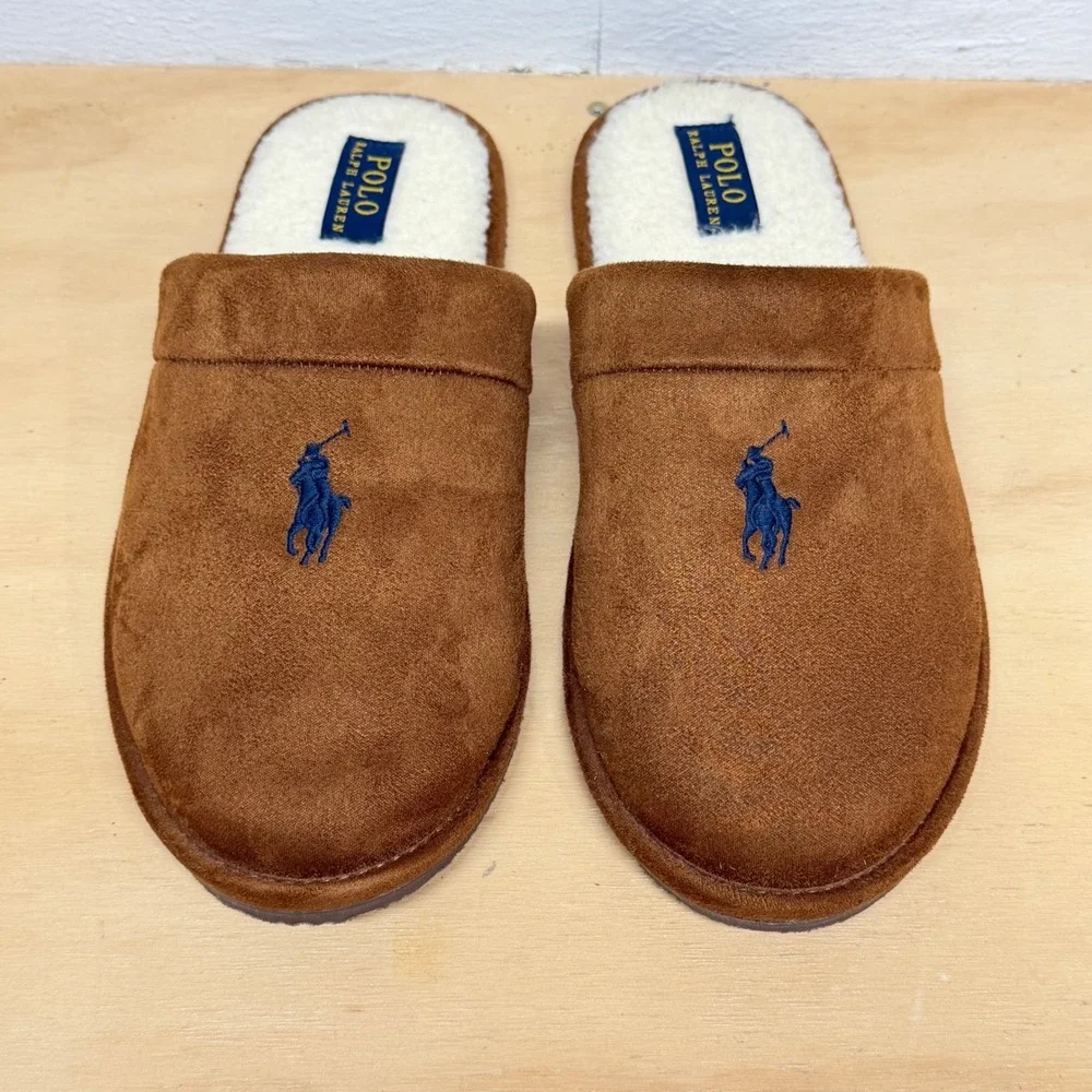 Polo Ralph Lauren Klarence Men 9 Brown Suede Faux Fur Scuff Slippers SMF3537ARL